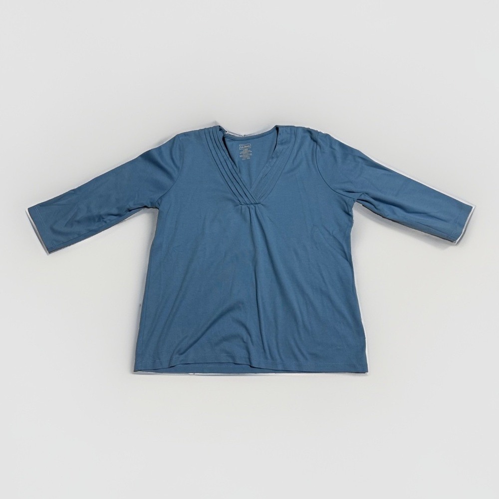 LL Bean Supima Cotton V-Neck Top Womens L Blue 3/4 Sleeve